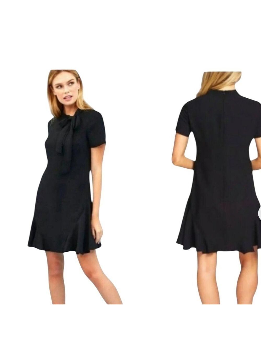 CECE Rich Black Dress A Line Front Bow Tie Neck Back Zipper Fluted Hem Lined 4